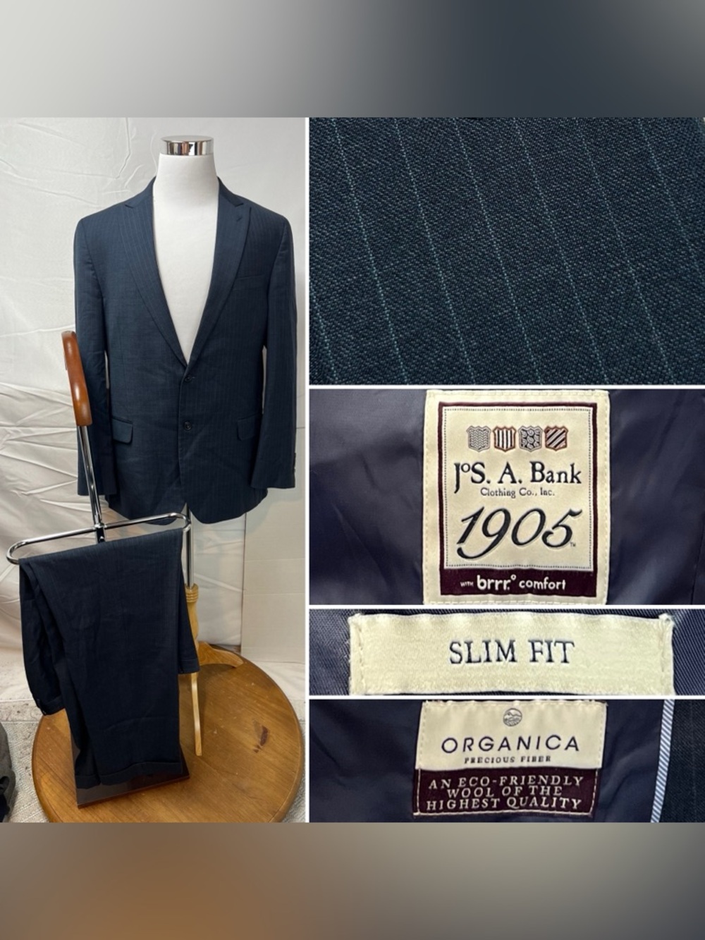 Jos. A. Bank Men’s 46L X 40W Charcoal Gray Pinstripe Slim Fit Brrr Wool Suit